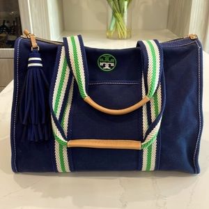 Tory Burch navy/green/white weekend bay.